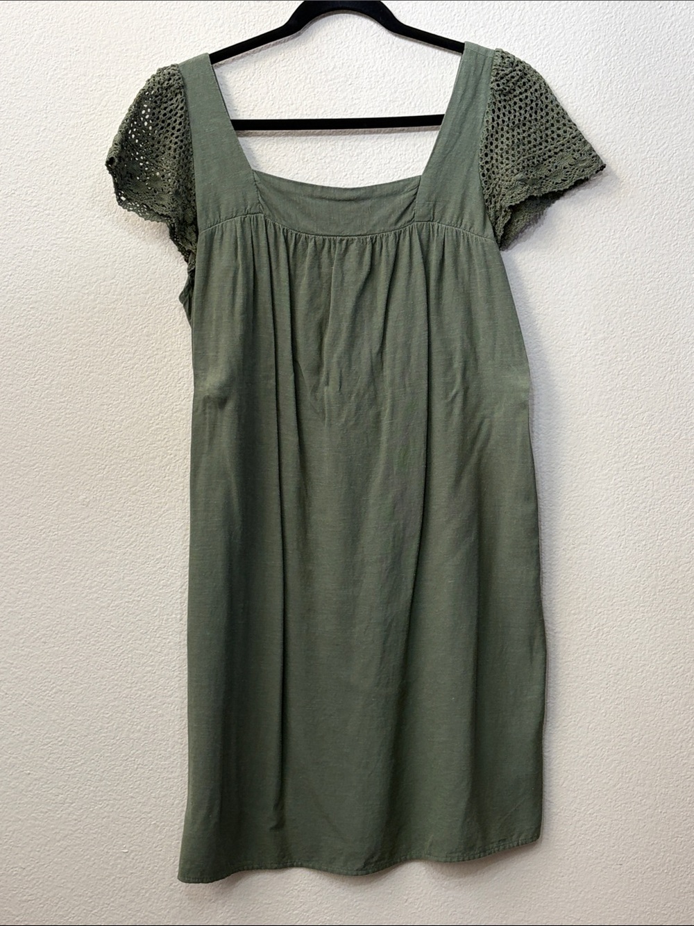 Old Navy Olive Crochet Sleeve Square-Neck Cotton Dress